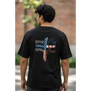 Graphic Faith T-Shirt Stand for the Flag Kneel For The Cross Mens L Christian